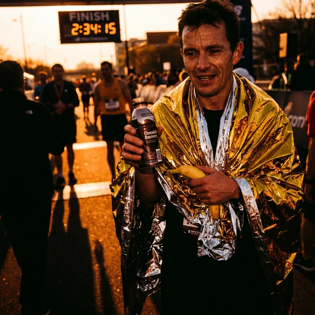 Exhausted marathon runner with a mylar blanket and recovery foods after finishing the race.
