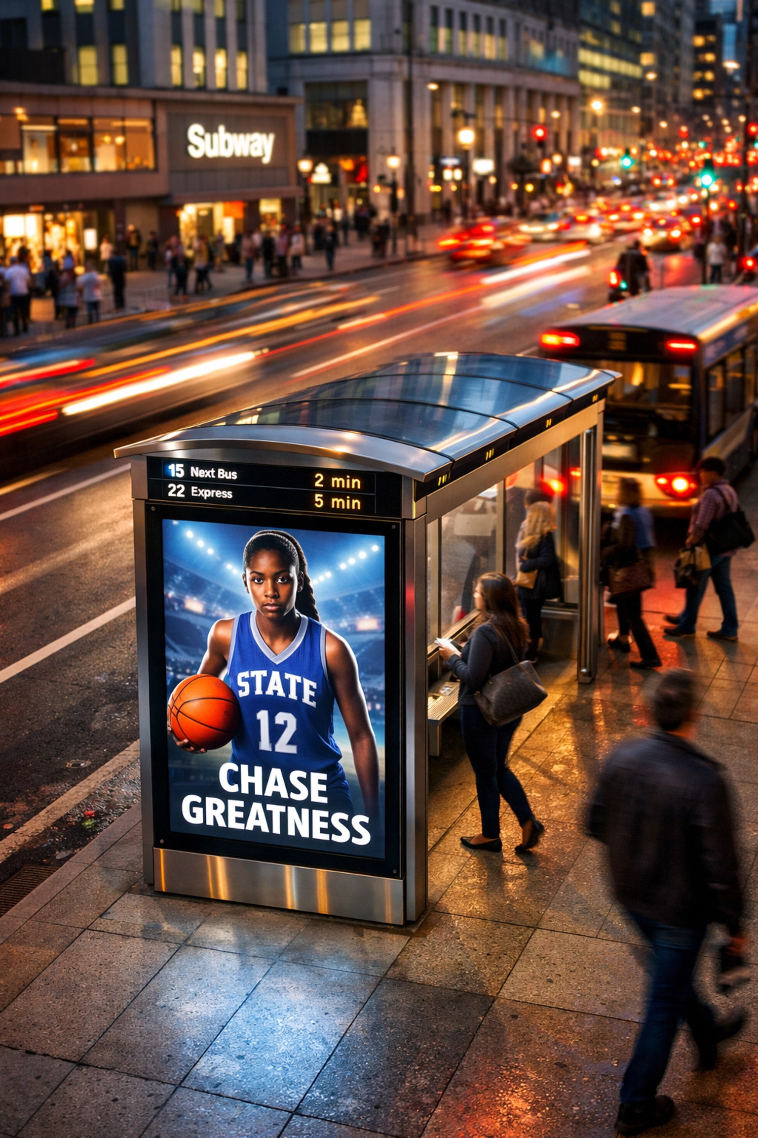 Urban transit hub featuring a digital bus shelter advertisement of a collegiate athlete in a city environment.