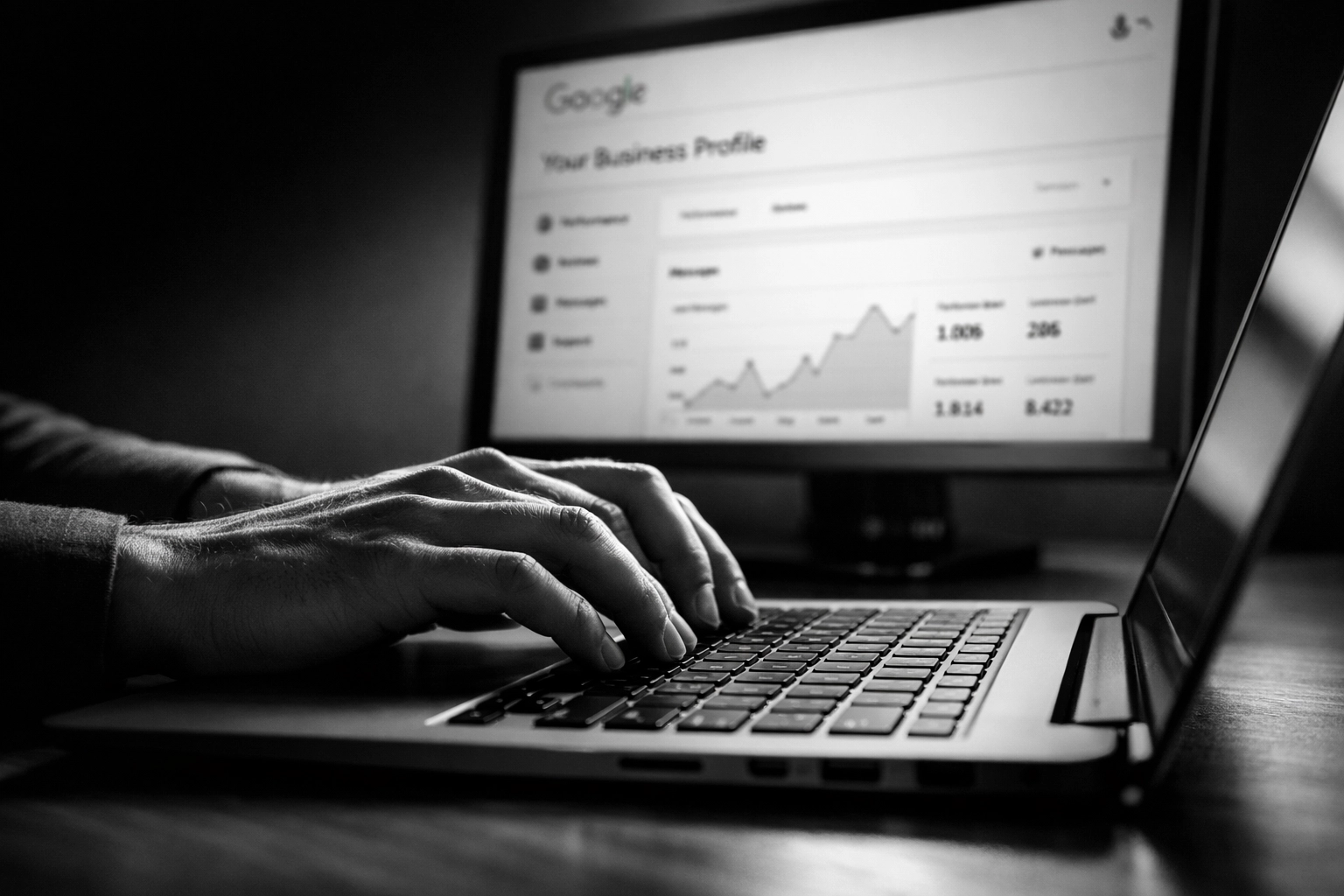 Business owner optimizing Google Business Profile dashboard for local SEO rankings