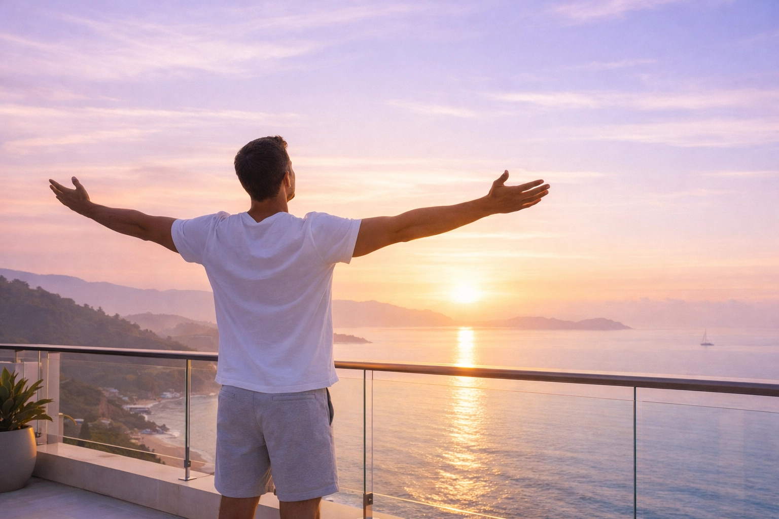 A man greeting the sunrise on a balcony, representing a hopeful queer future and new beginnings.
