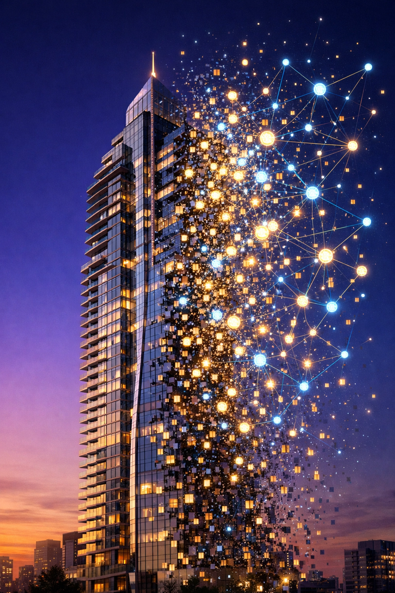 Luxury building transforming into digital tokens illustrating tokenized real estate concept