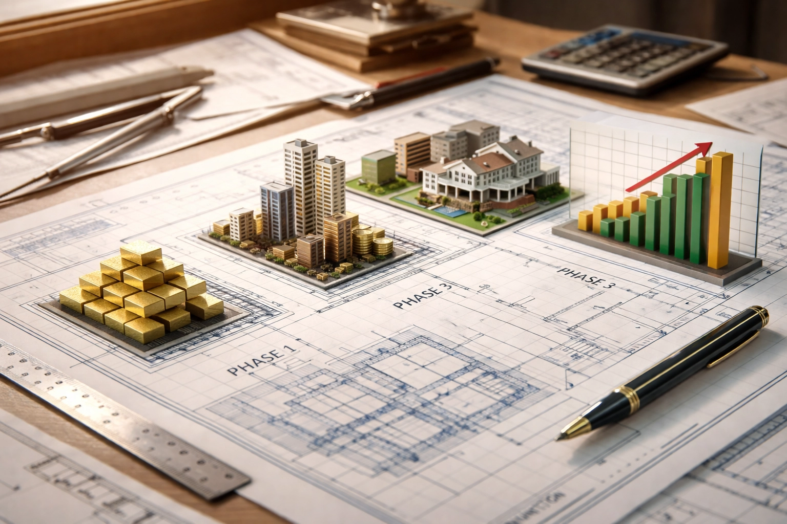 Aerial view of a desk with investment models symbolizing strategic portfolio planning and wealth construction.
