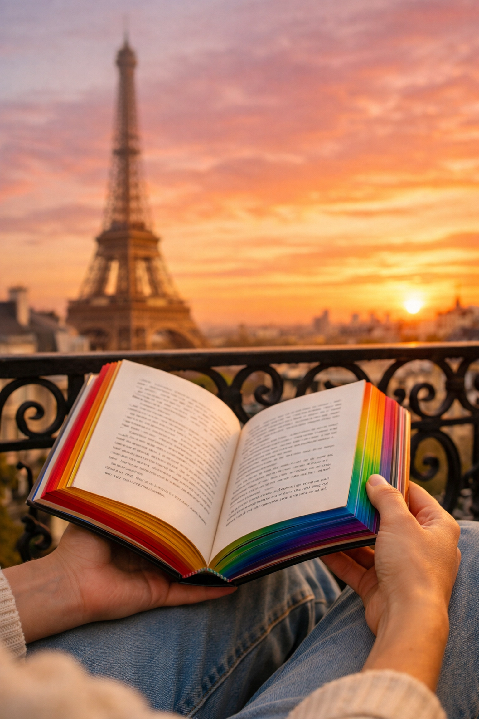 Queer literature in Paris: reading a rainbow-paged gay novel on a balcony with Eiffel Tower views.