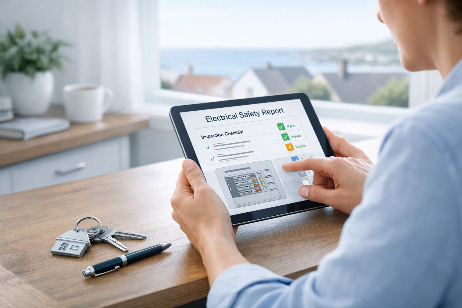 Dorset landlord reviewing electrical safety reports and EICR certificates on a tablet in a home office.