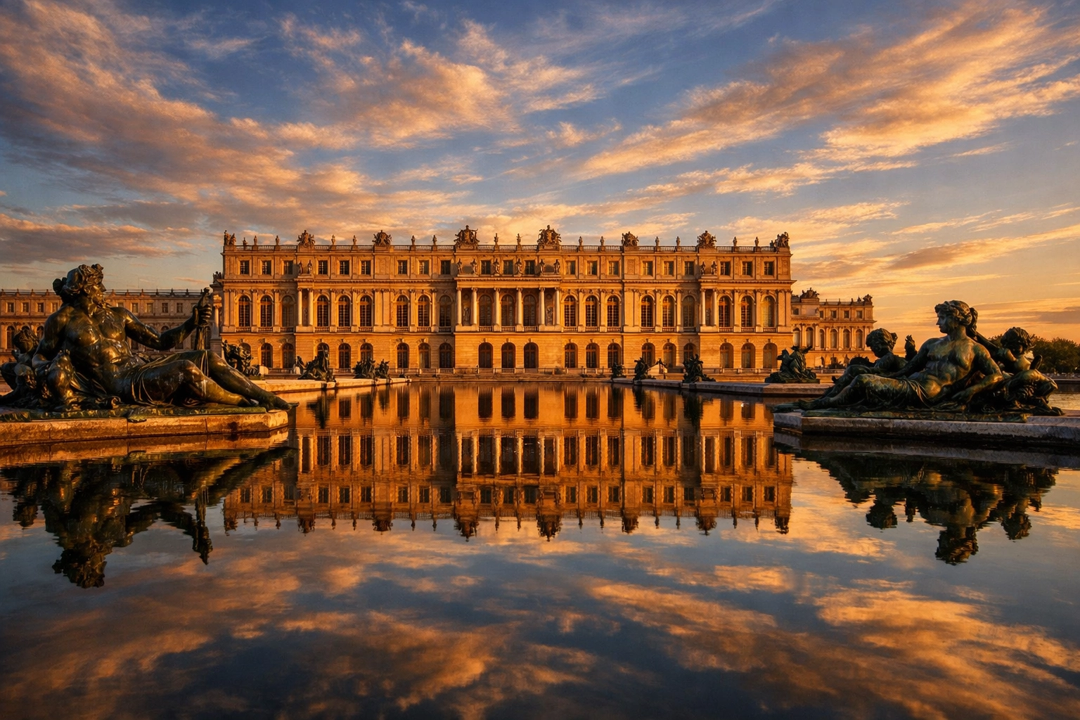 Palace of Versailles reflected in the Water Parterre, one of the best photography locations in the gardens.