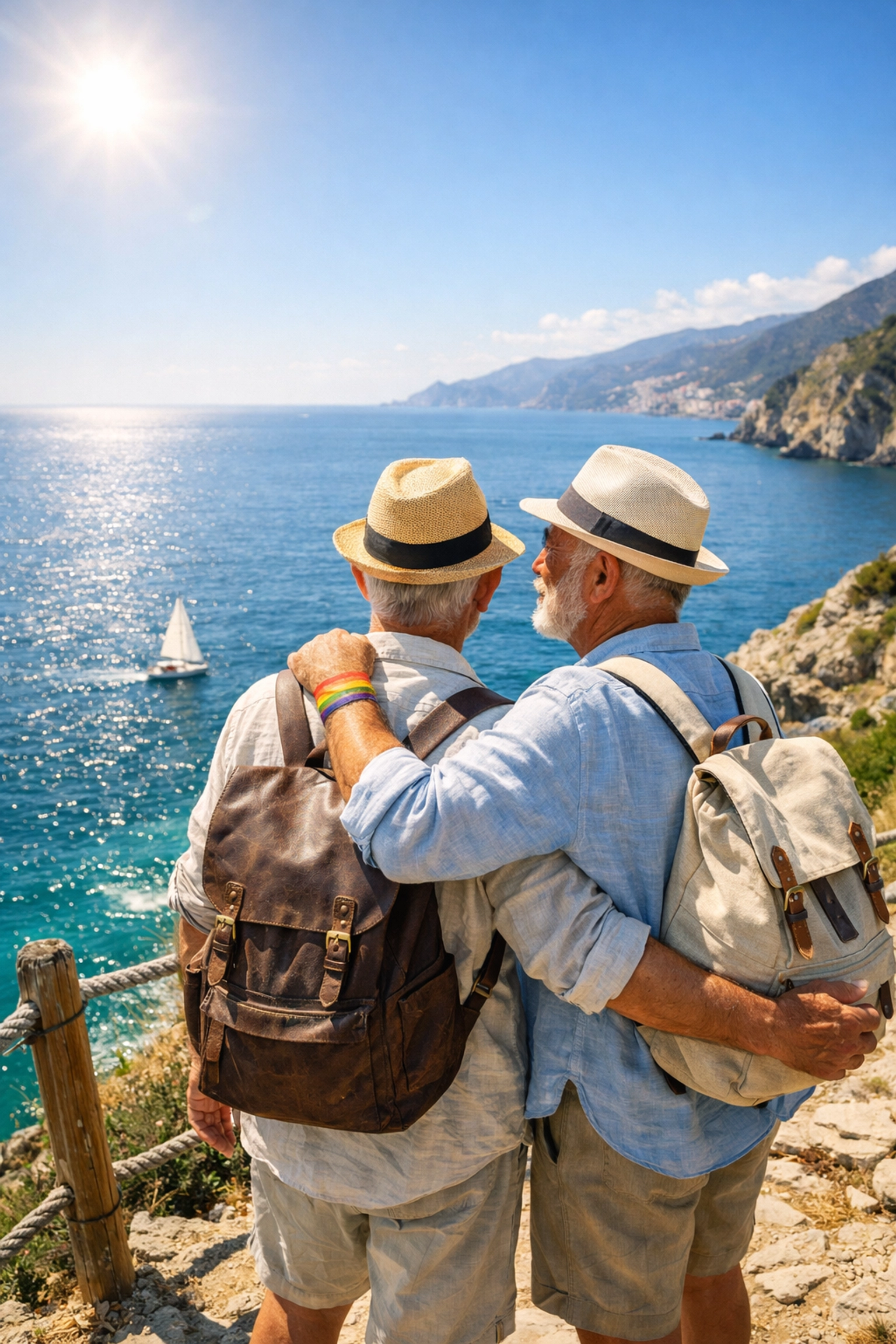Senior gay couple enjoying a scenic Mediterranean vacation during their well-planned LGBTQ+ retirement.