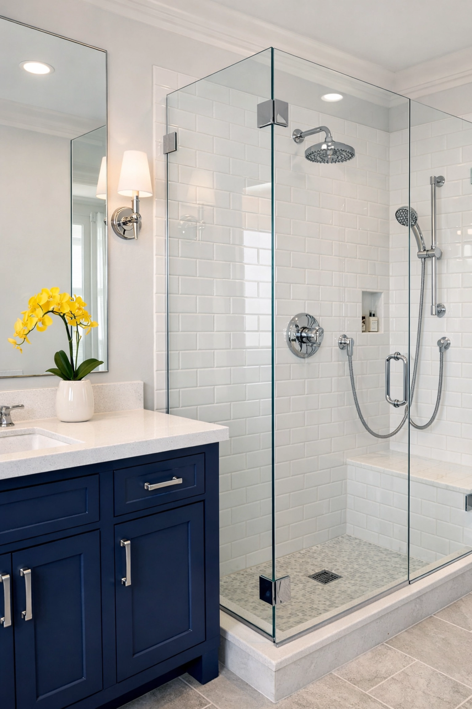 Spotless luxury bathroom in Harwich featuring sanitized glass shower and clean vanity surfaces.