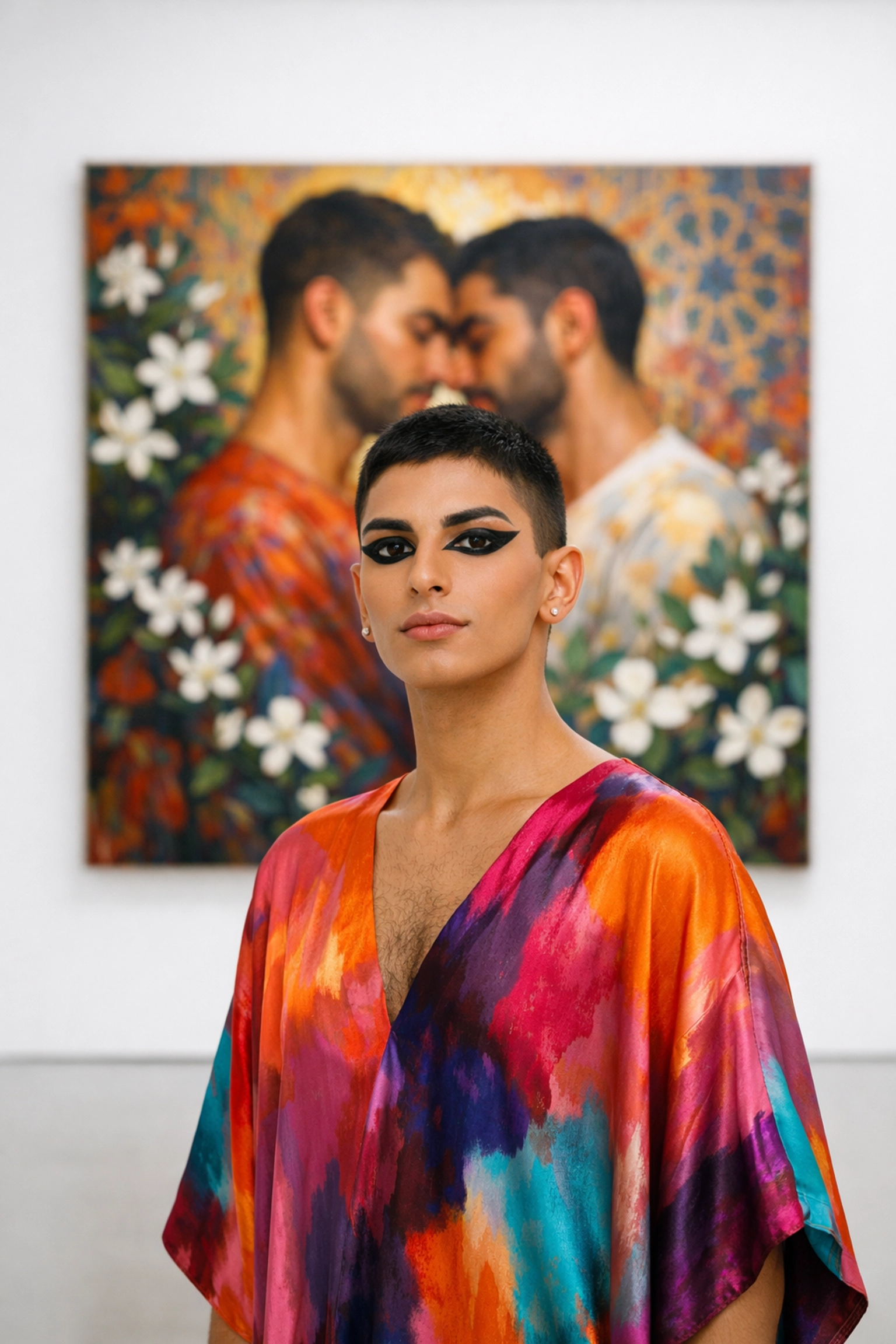 A queer Arab person in an art gallery featuring a colorful painting of two men in a romantic embrace.