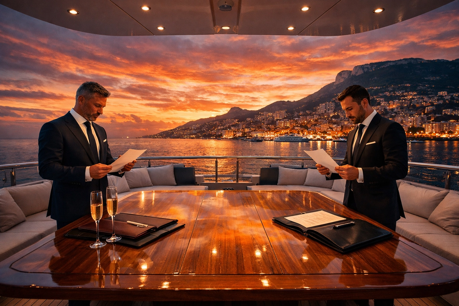 Billionaire's yacht negotiation scene with two gay men competing for diamond deal at sunset