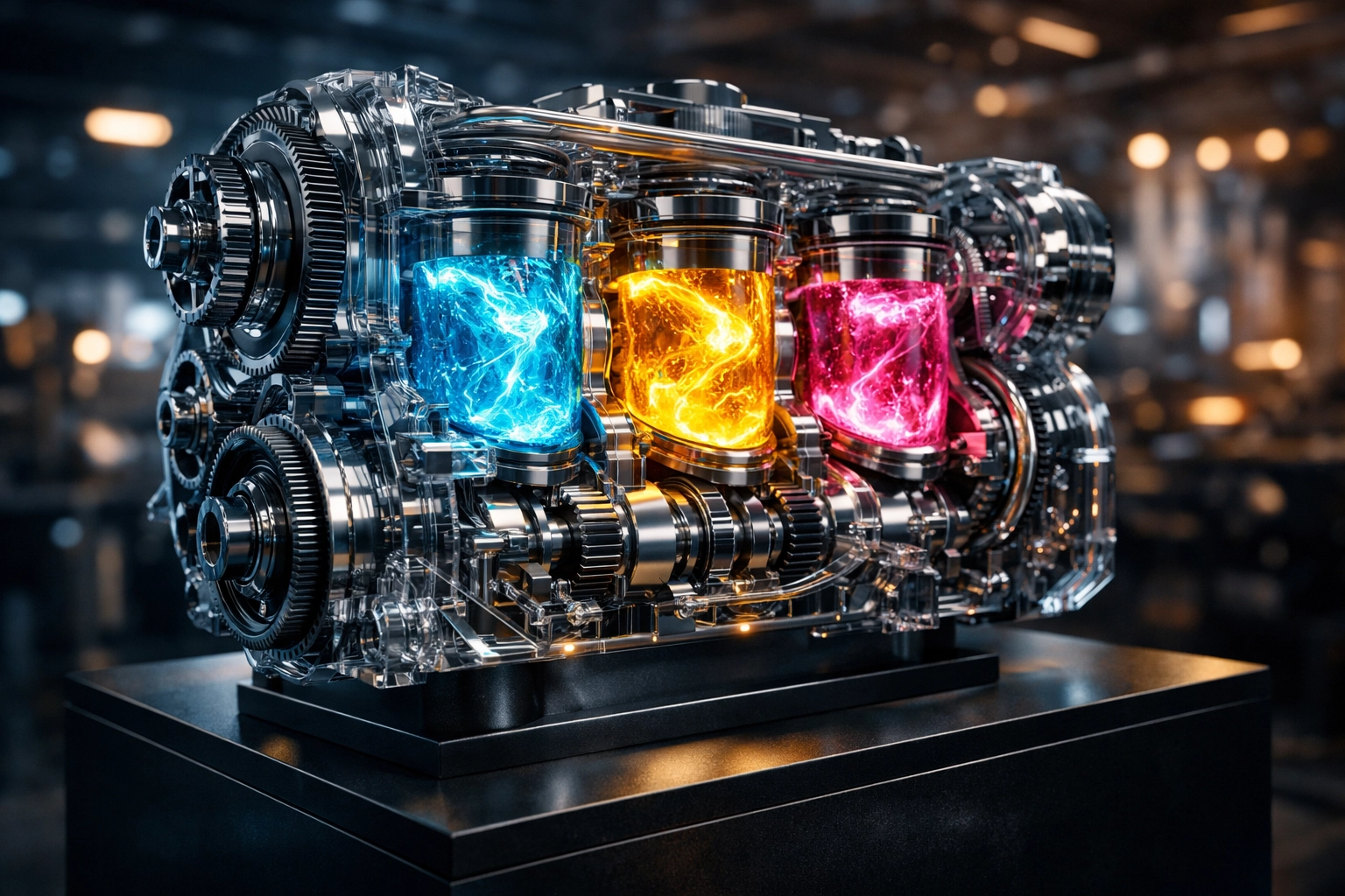 Futuristic mechanical engine powered by glowing energy representing small business content marketing goals and strategy.