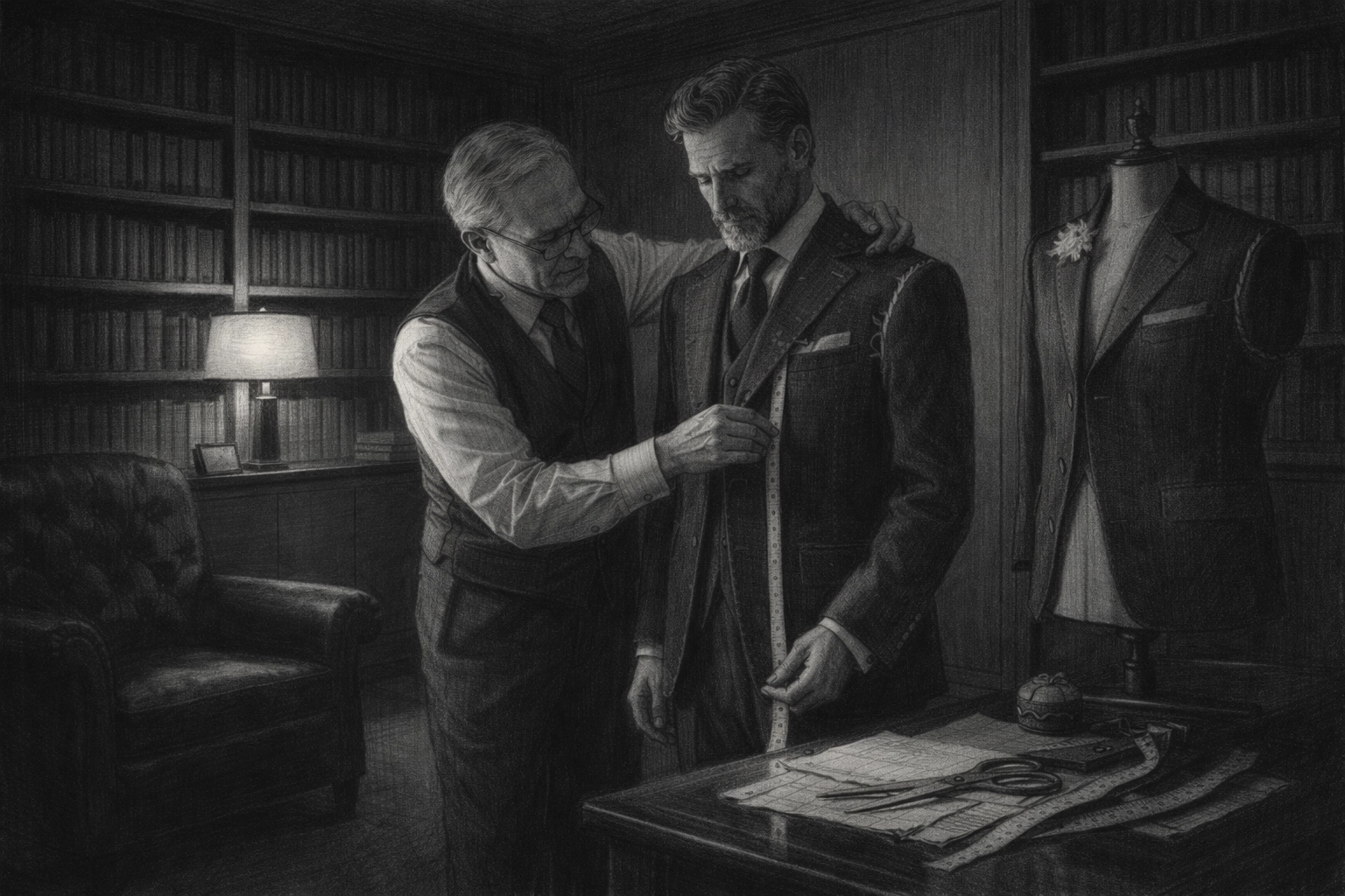 Private mobile fitting session for 200 Club member in luxurious home library with suit in progress