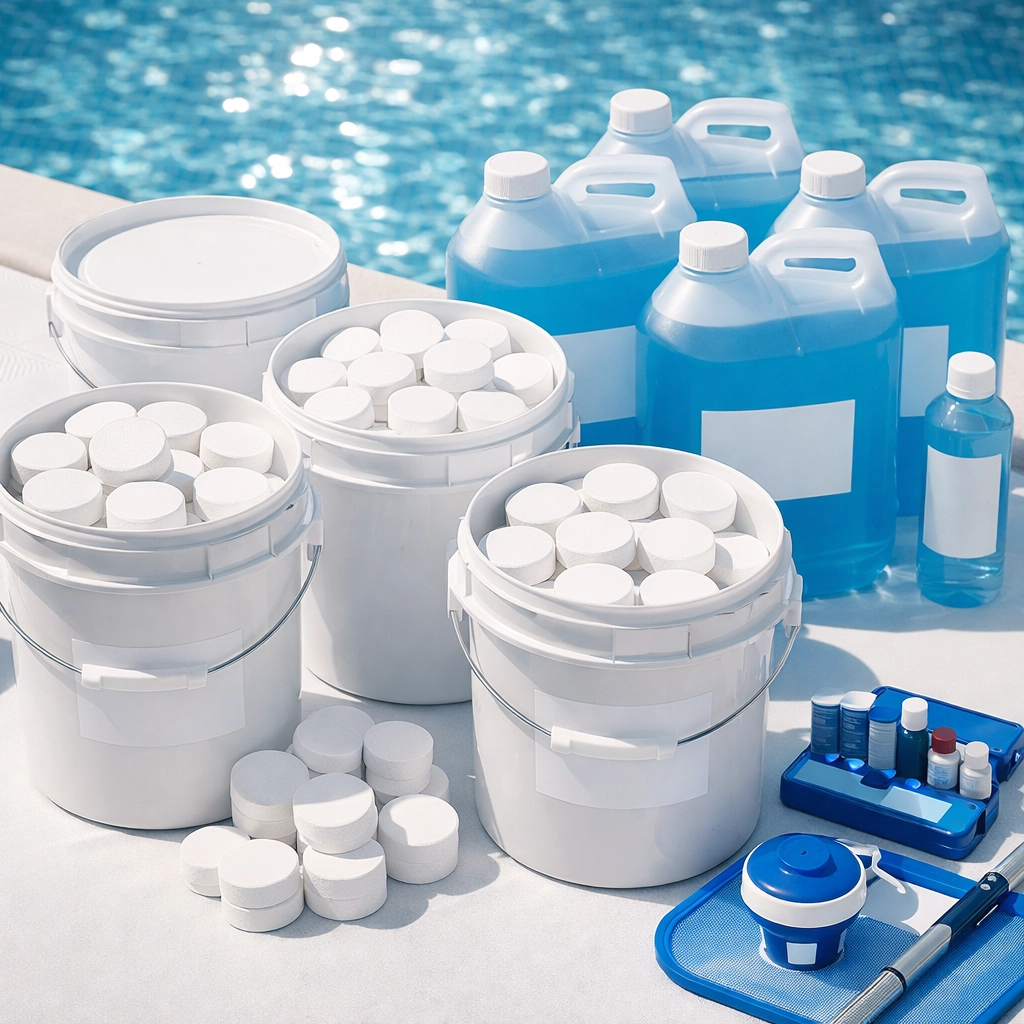 Neatly organized pool chemicals illustrating efficient chemical billing for a pool service business for sale.
