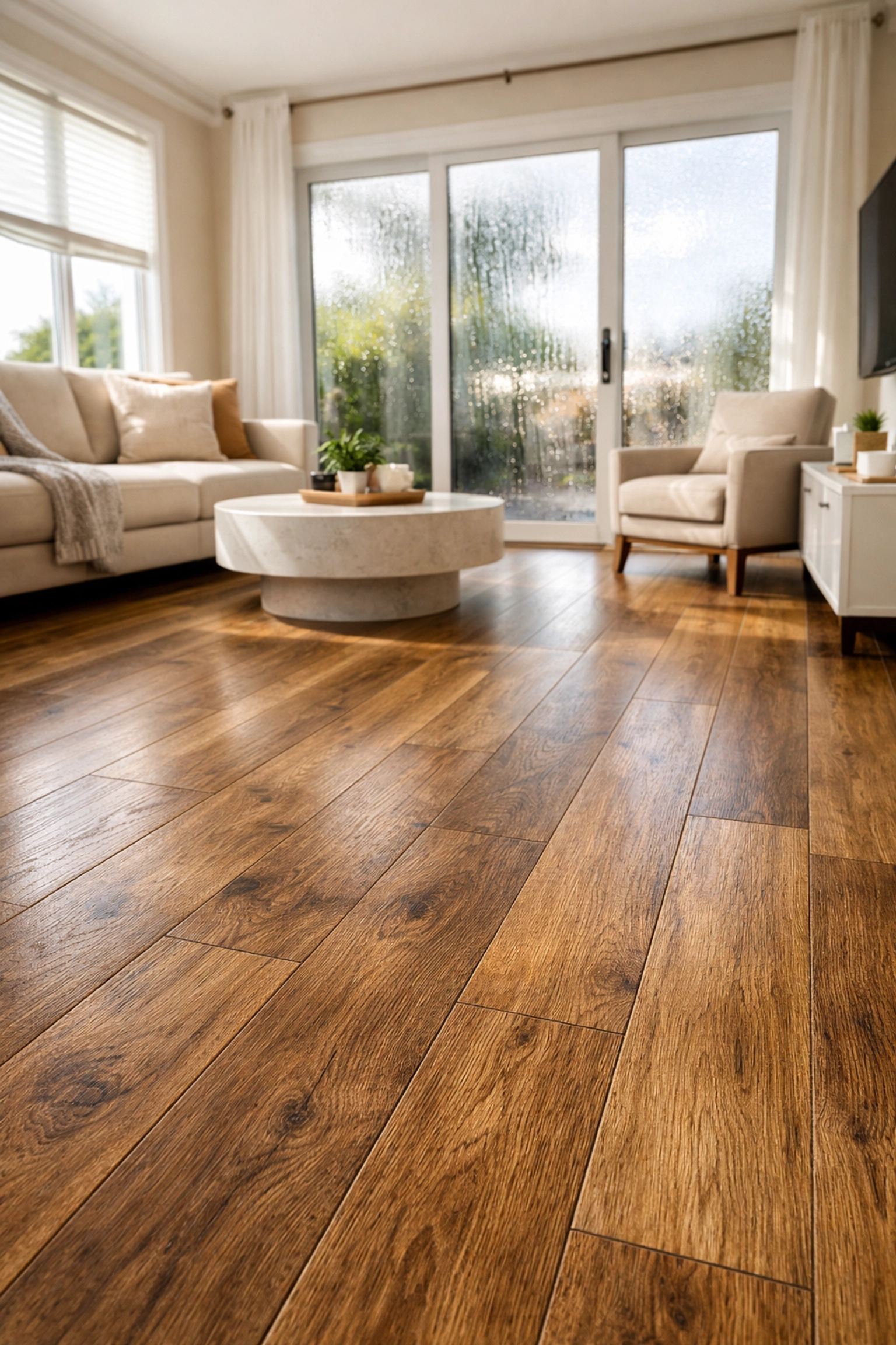 Modern Orlando living room with luxury vinyl plank flooring in oak tones near humid patio doors