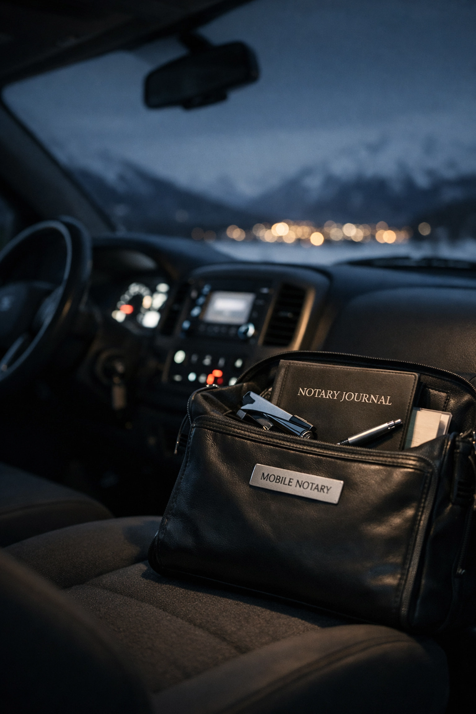 Mobile notary bag ready in truck at night in Alaska for 24/7 emergency service