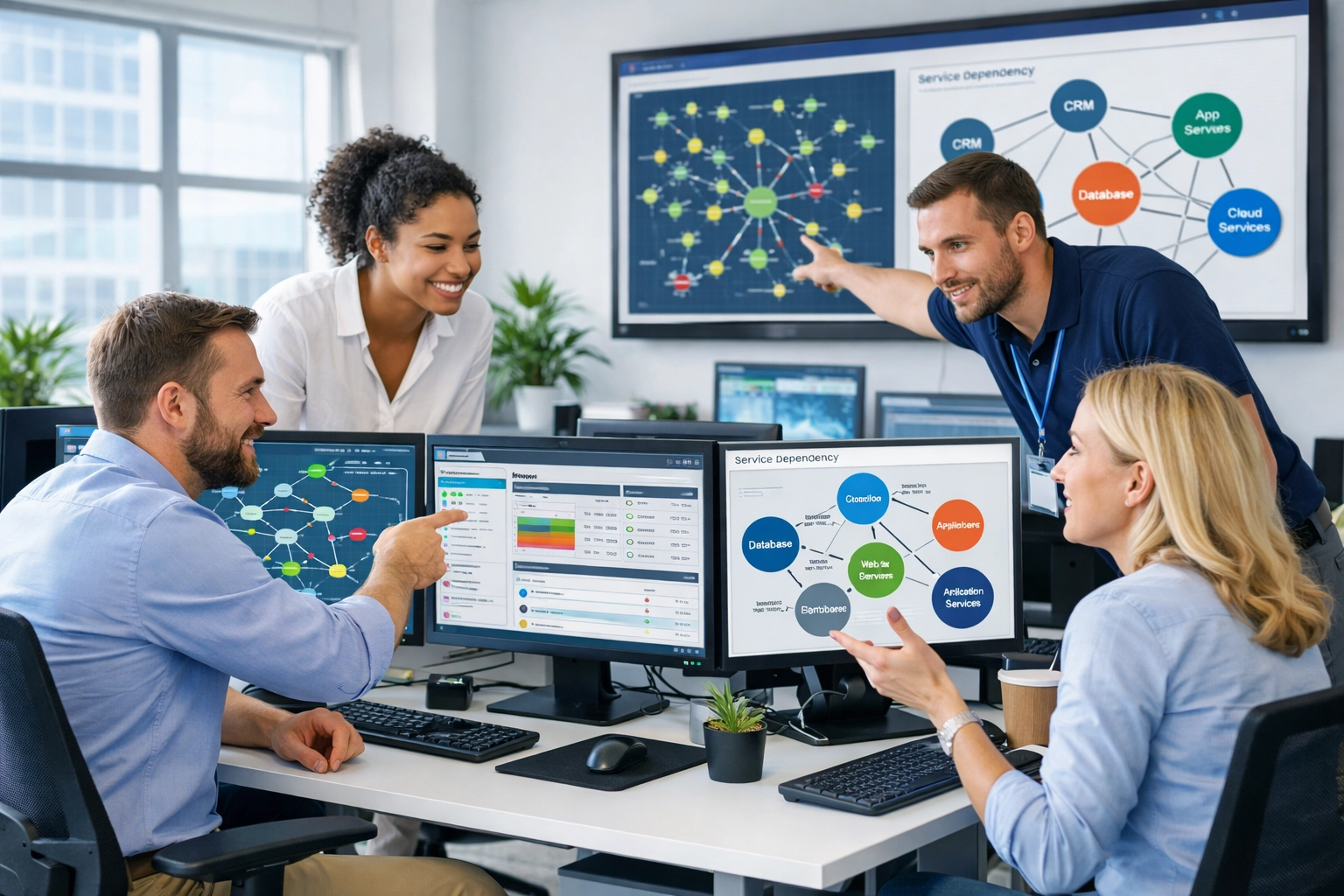 IT team collaborating on ServiceNow ITOM and ITAM dashboards for operational excellence