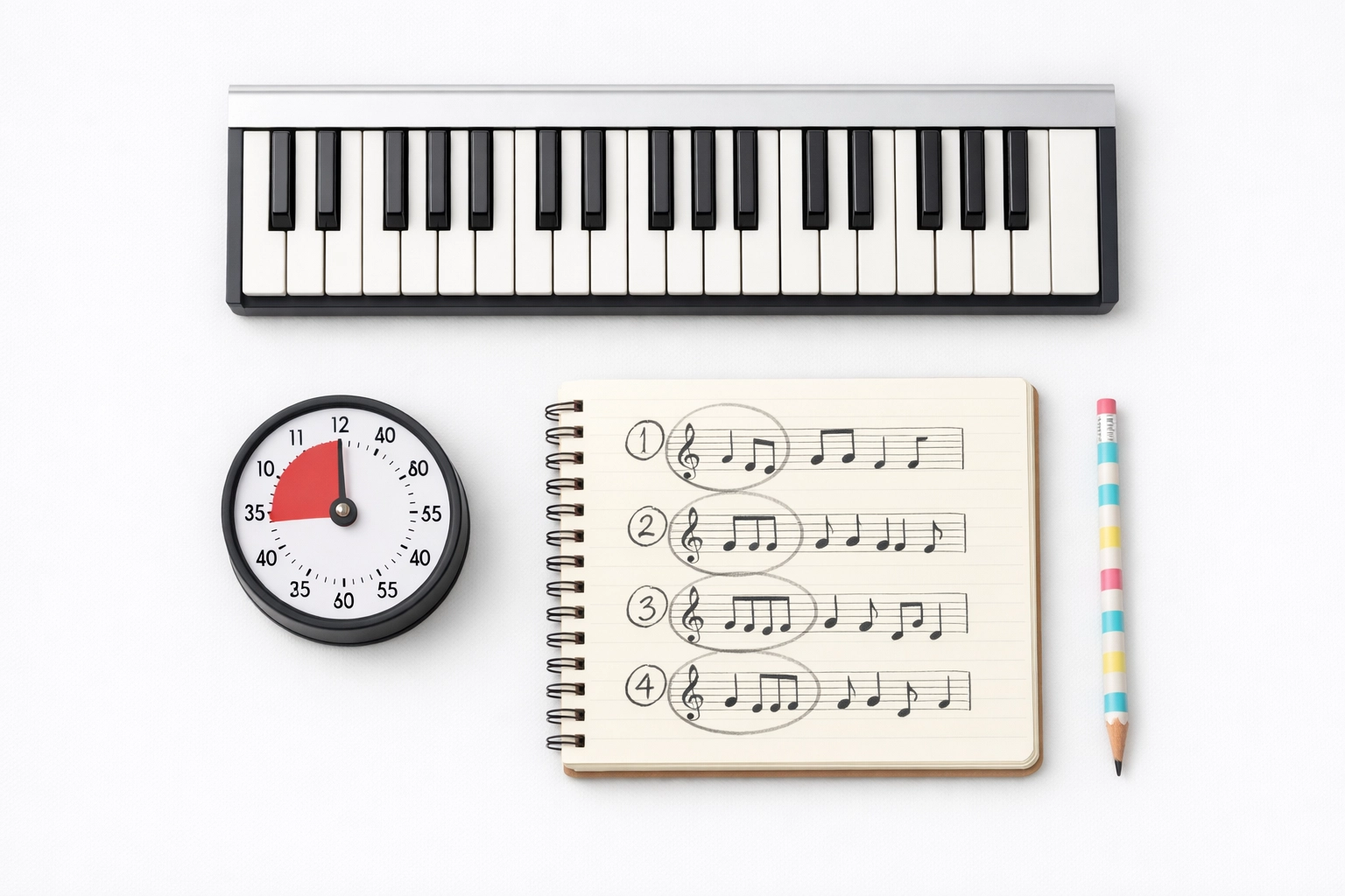 15-minute piano practice setup with keyboard, timer, and practice notes