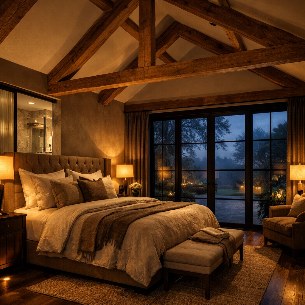 Luxury guest suite garage conversion in West Sussex with vaulted ceilings and garden views.