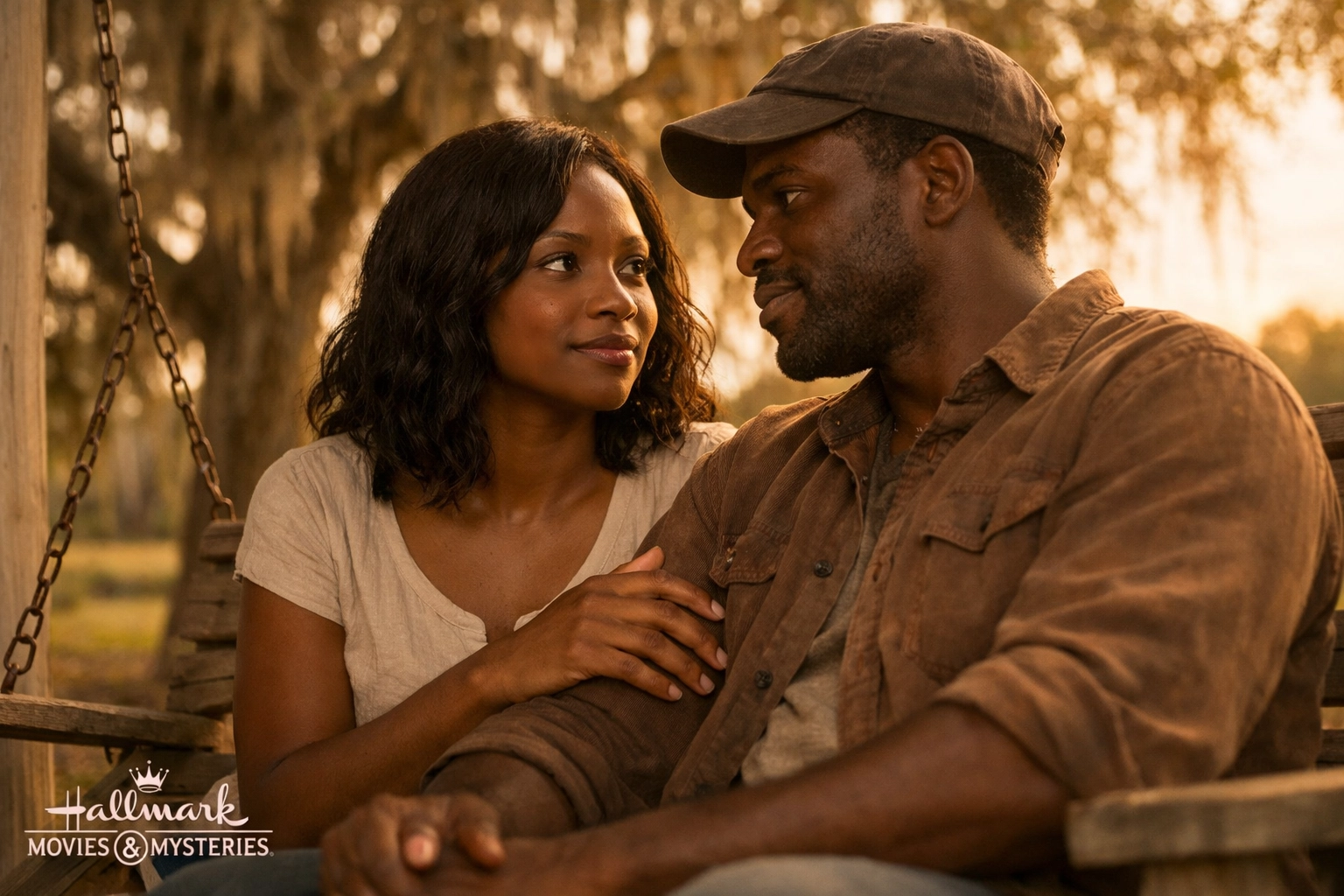 Black couple on porch swing sharing a hopeful moment as they begin healing from trauma together