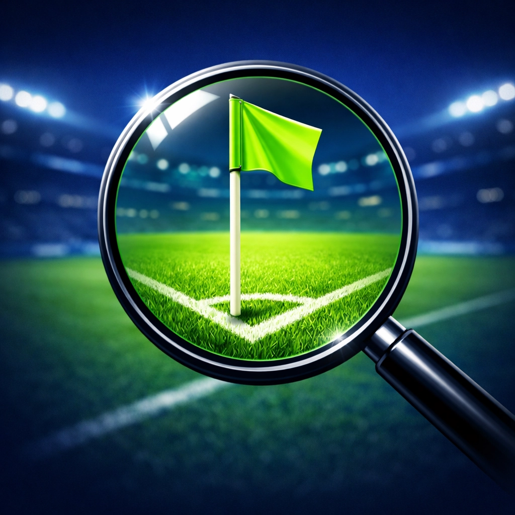 Magnifying glass highlighting specific niche football betting markets like corners and cards.