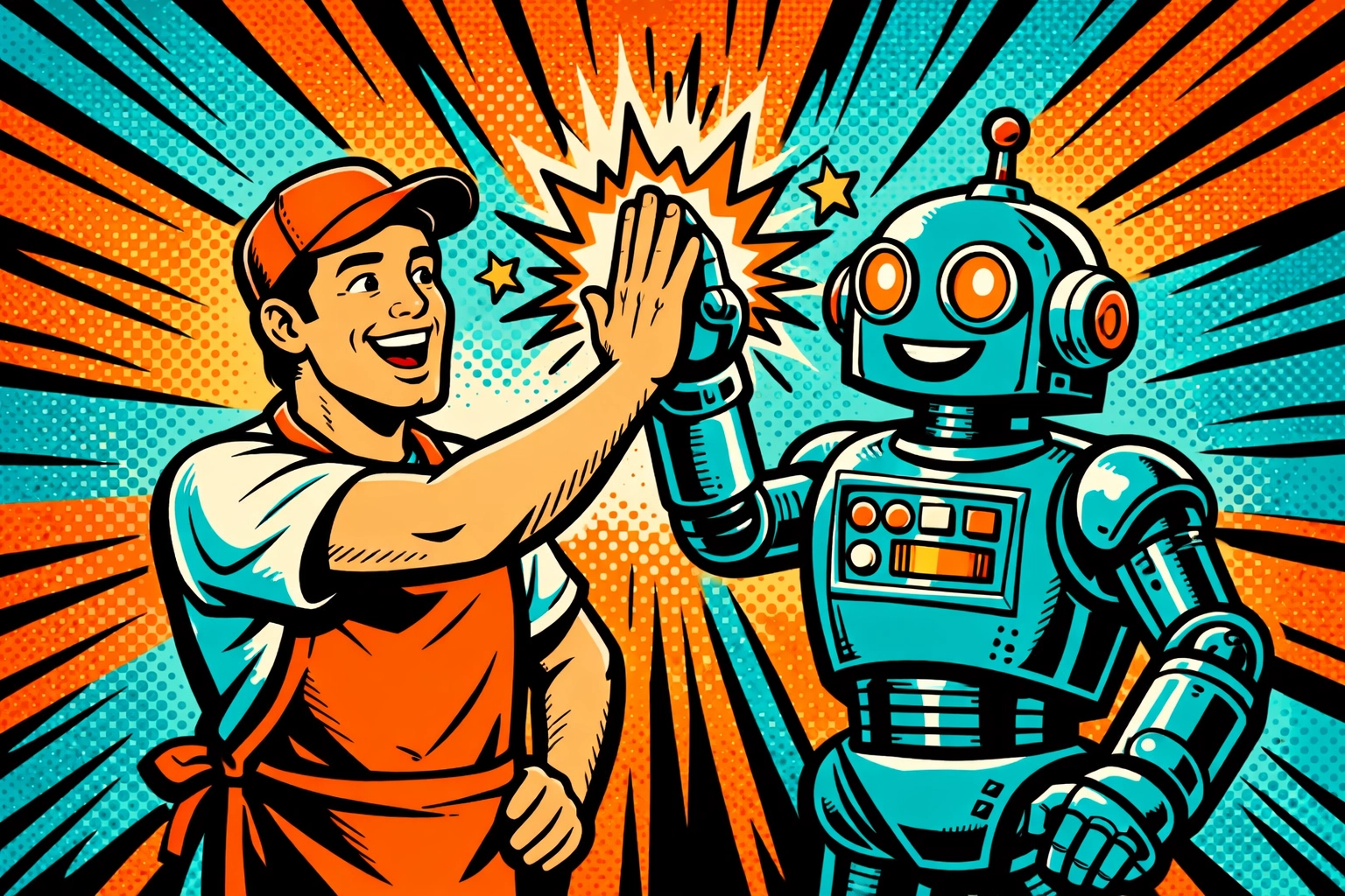 Small business owner high-fiving a robot symbolizing successful implementation of business automation tools.