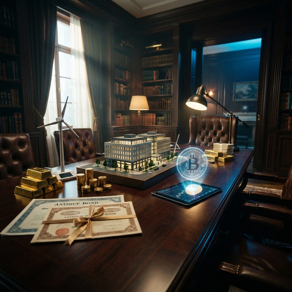 A tabletop display of investment assets including real estate, gold, green energy, bonds, and Bitcoin for a diversified portfolio