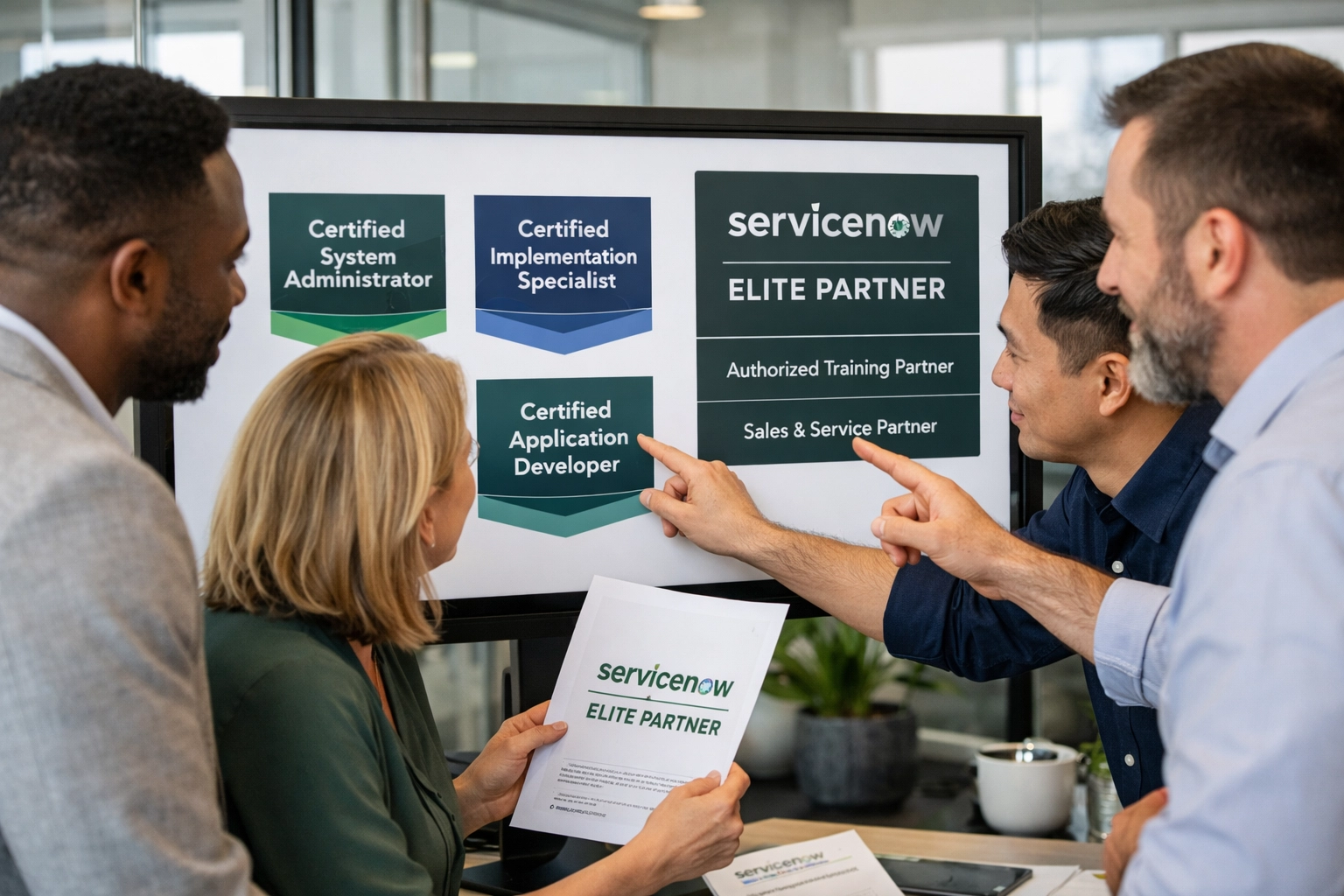 Business team reviewing ServiceNow implementation partner certifications and credentials