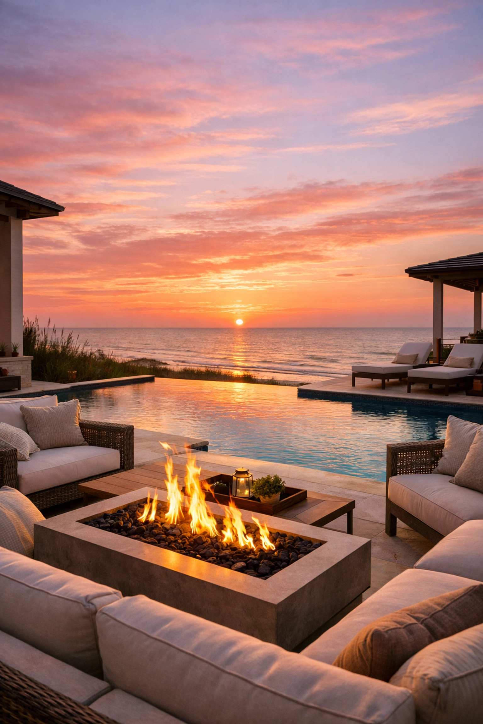 Luxury vacation rental infinity pool overlooking Gulf of Mexico at sunset