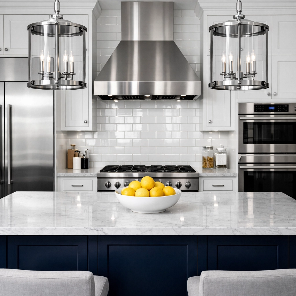 Meticulous house cleaning Ashby MA in a luxury kitchen with sparkling countertops and polished appliances.