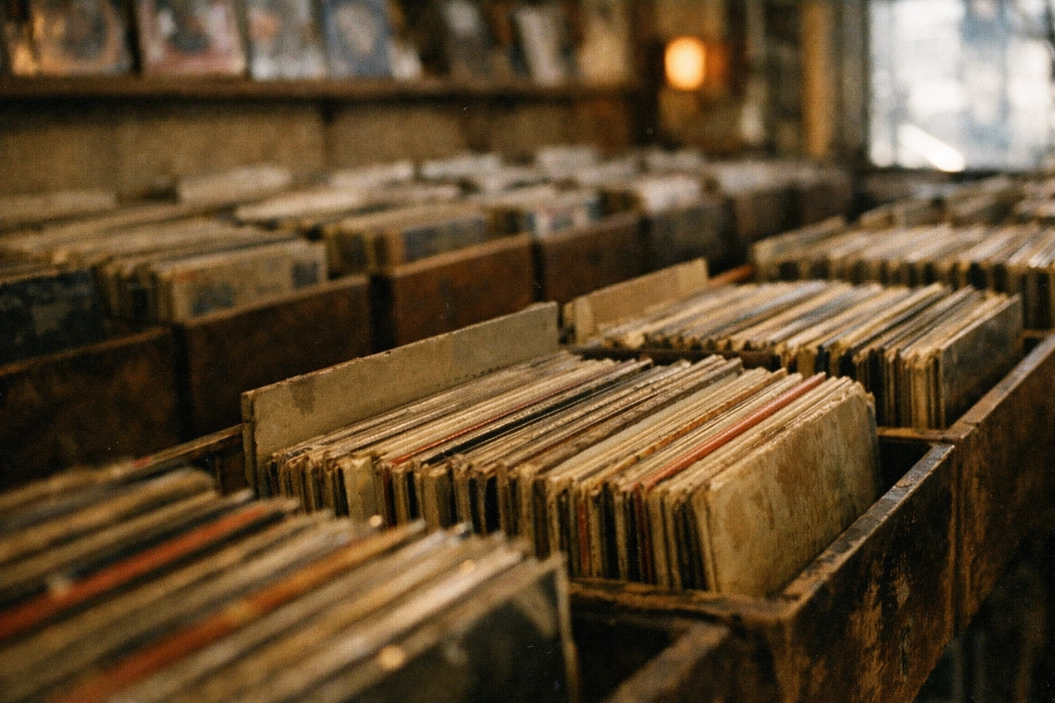 Dusty record store bins filled with vintage vinyl sleeves
