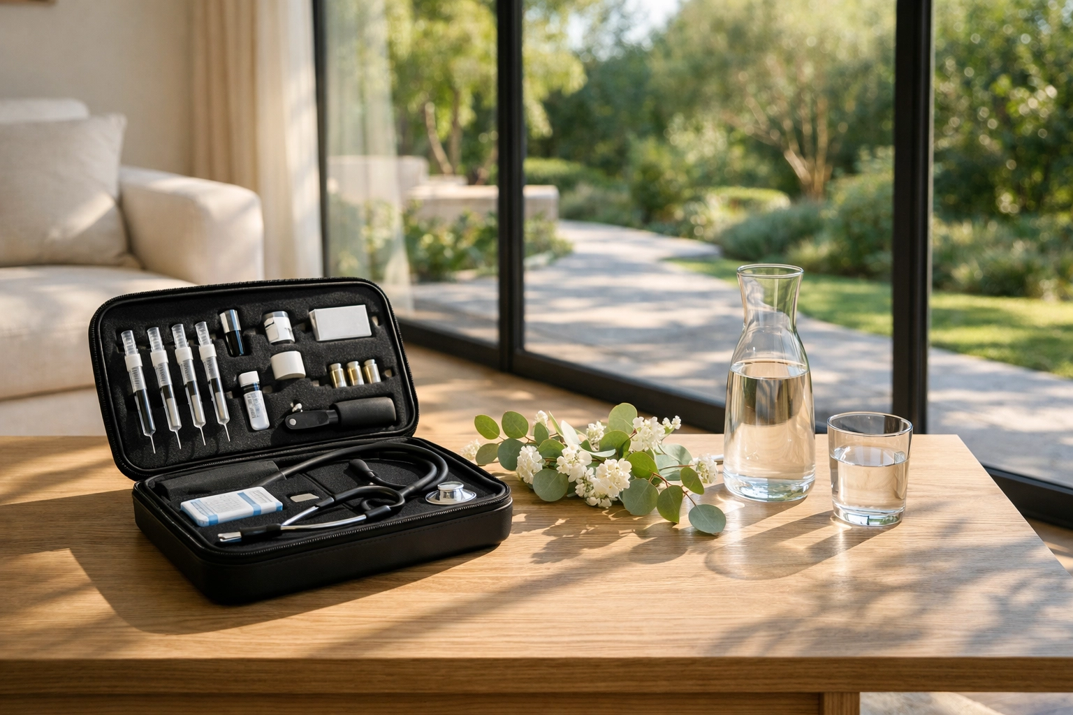 A professional medical setup in a modern home, showcasing convenient mobile peptide therapy in San Diego.