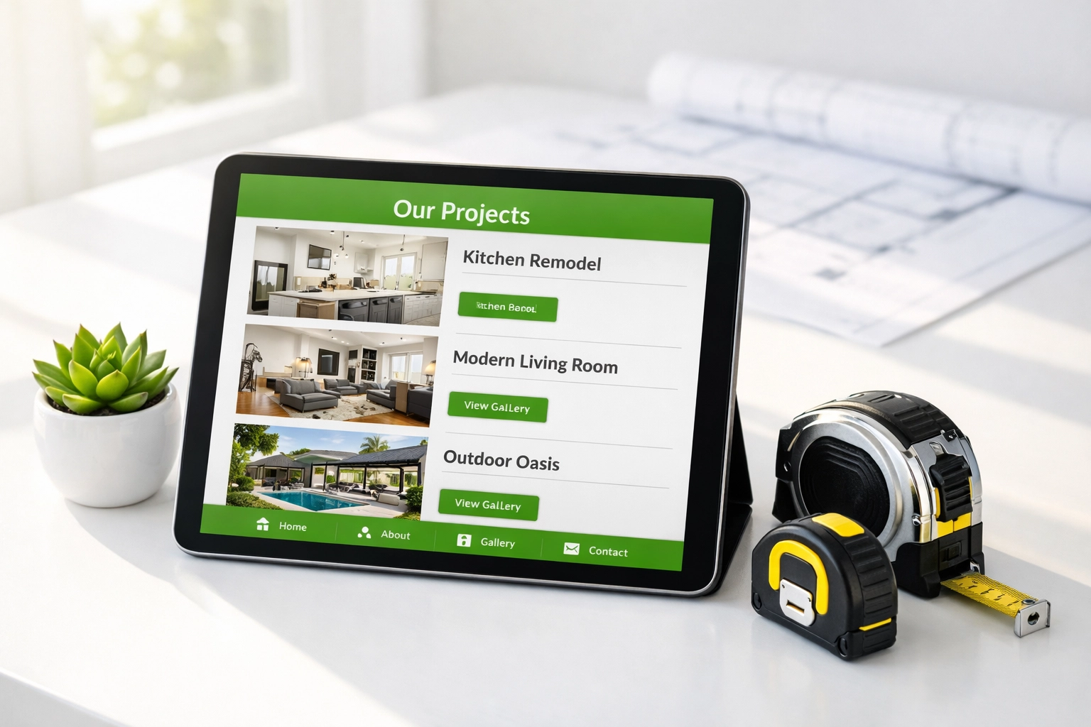 Modern tablet showing a mobile-friendly contractor website with a home renovation project gallery.