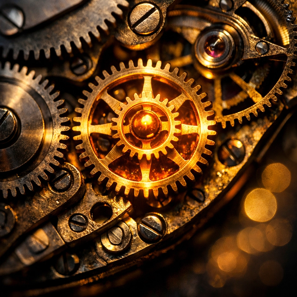 Glowing clockwork gears symbolizing effective GCSE exam prep strategies with online tutoring.