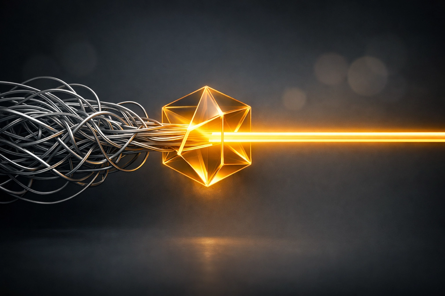 Golden light beam simplifying complex business wires, illustrating focused MSME growth strategies for scaling.