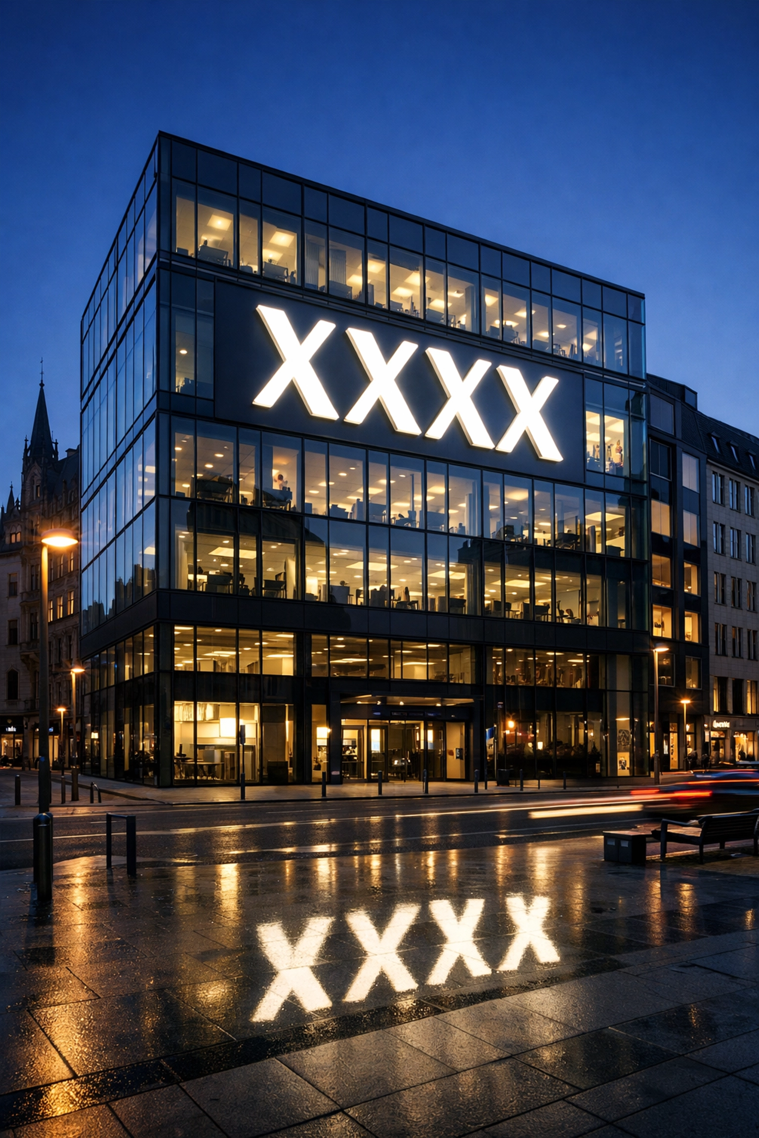 Moderne 3D-Lichtreklame an einer Glasfassade harmonisch integriert ins Stadtbild.