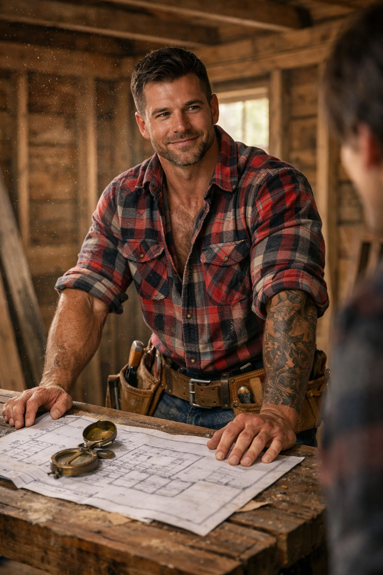 A rugged handyman with a tool belt smiling in a rustic cabin, representing blue-collar MM romance tropes.