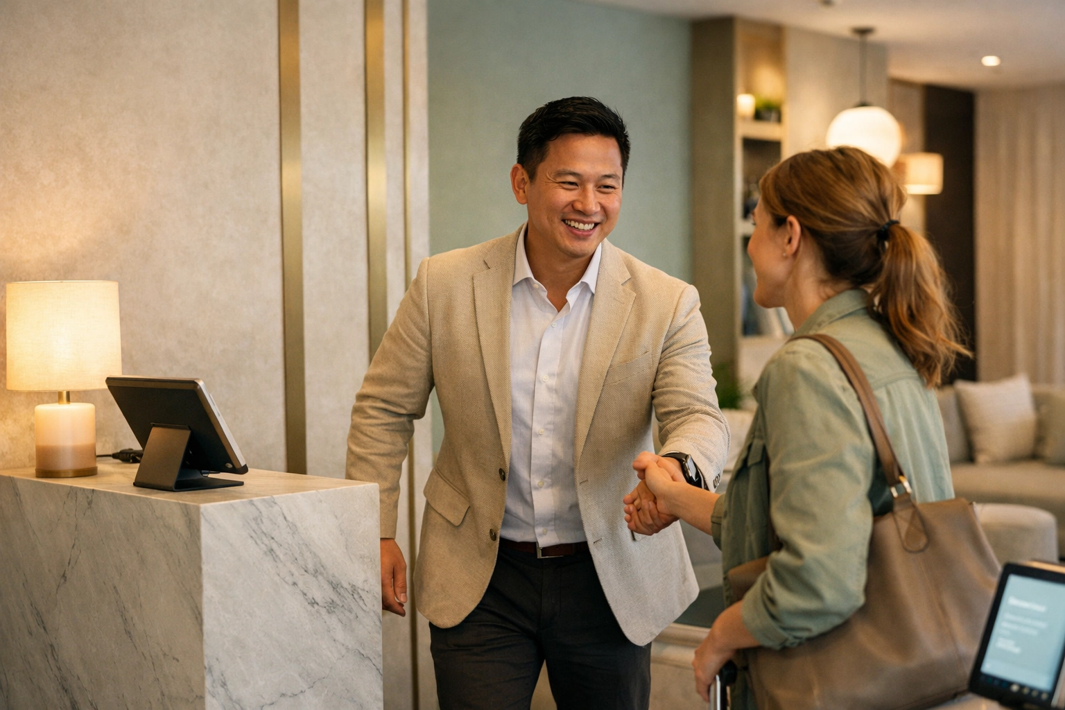 Hotel host providing personalized service made possible by self-check-in kiosks and automation.