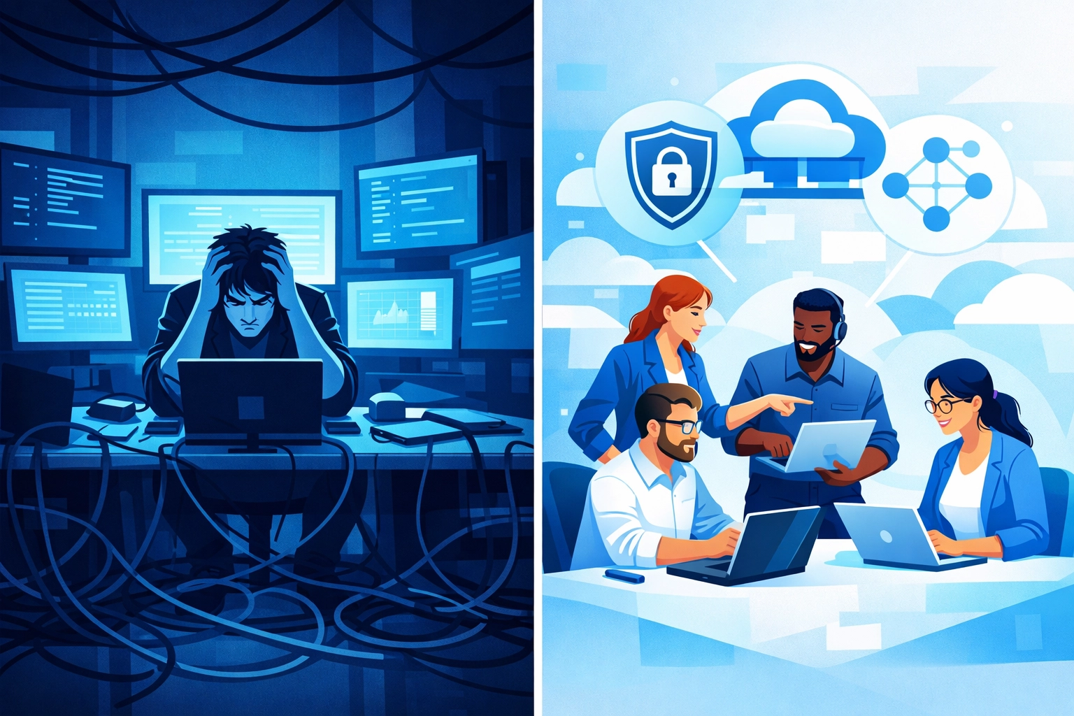 Comparison of single in-house IT professional versus managed IT support team with specialists