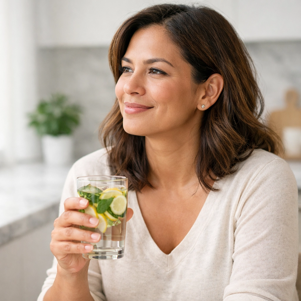 A woman in a kitchen smiling, illustrating the feeling of fullness and metabolic balance from Tirzepatide treatment.