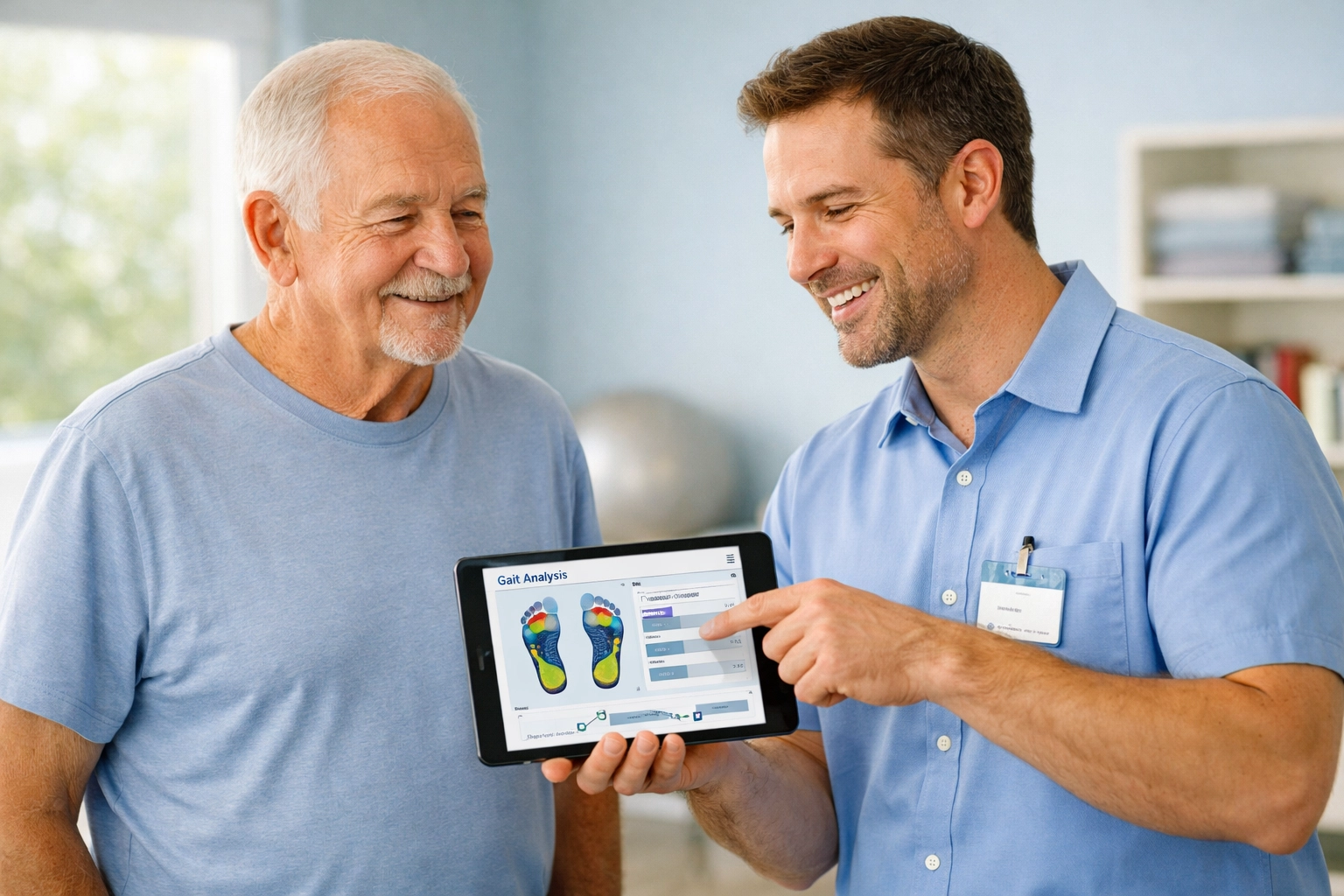 Senior man discussing a gait assessment with a professional physical therapist for fall prevention.