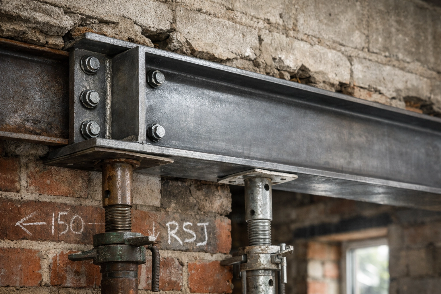 RSJ steel beam installation during structural engineering work in London