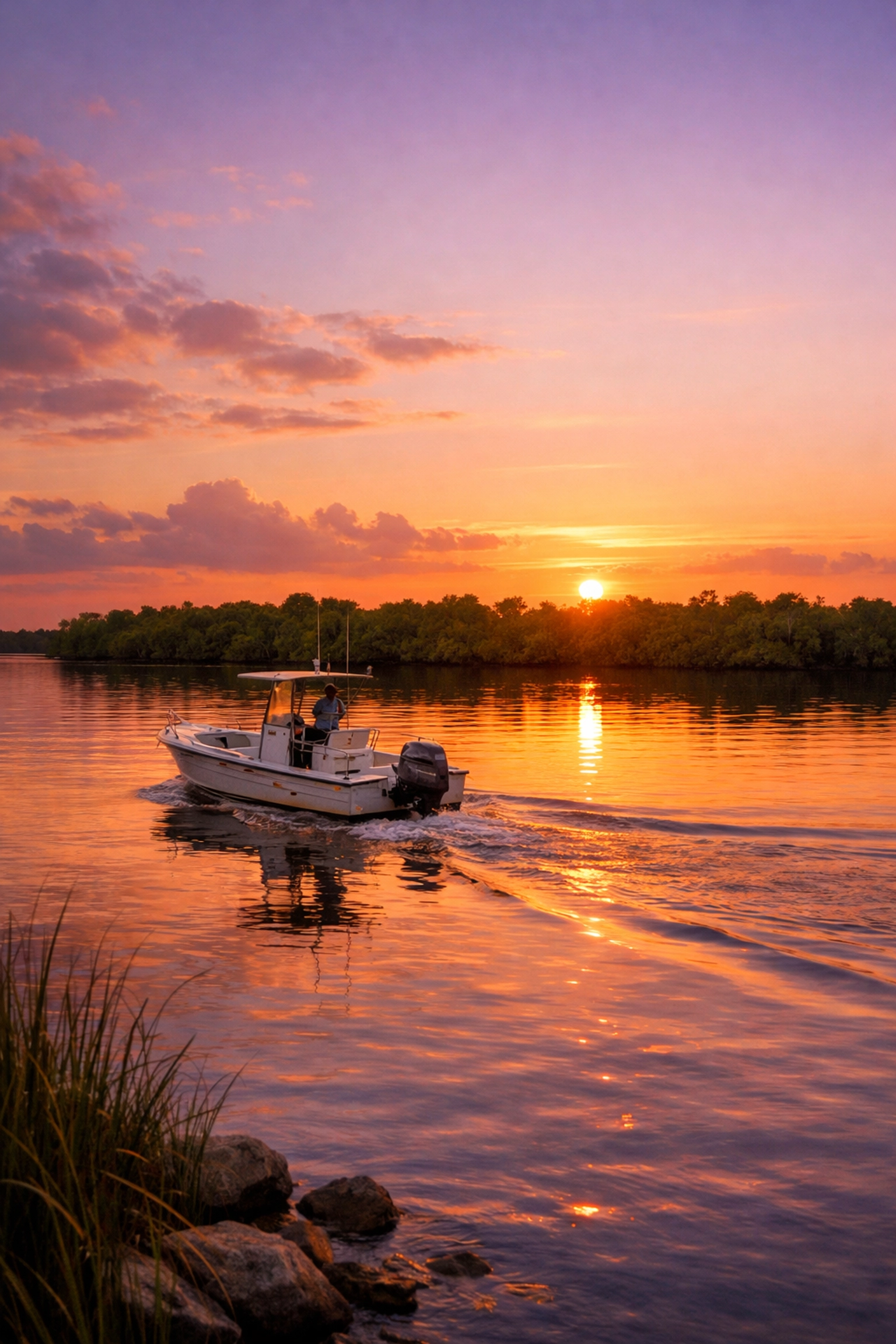 Sunset view of a fishing boat on the Northwest Cape Coral spreader canal near lush mangroves.