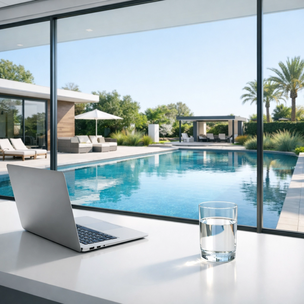 Transparent pool service billing records viewed on a laptop in a professional home office setting.