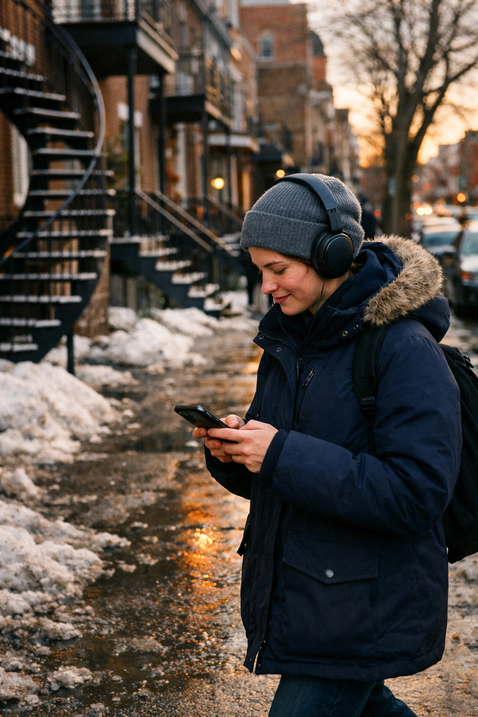 Listener walking in Montreal Plateau with headphones during a late winter afternoon.