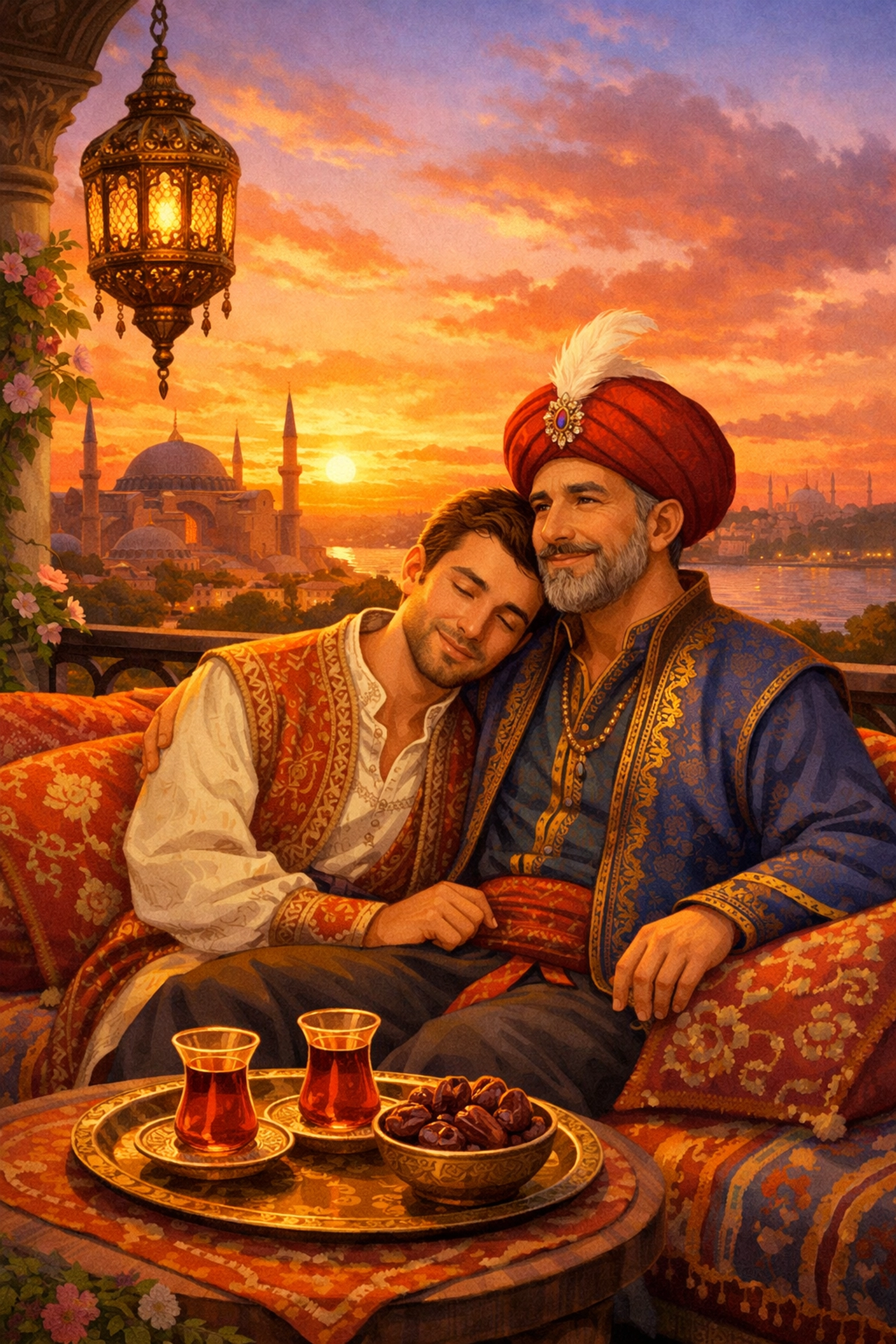 A happy gay couple in Ottoman attire sits together on a balcony overlooking the Istanbul sunset.