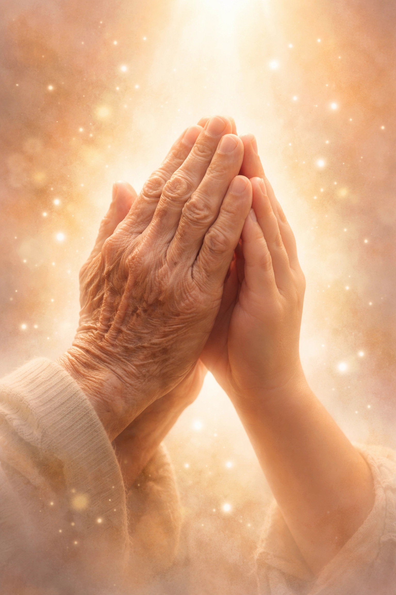 Two hands of different ages clasped in prayer, reflecting faith, unity, and hope for divine healing.