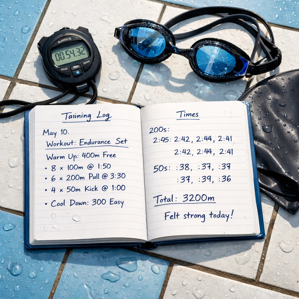 Cuaderno de entrenamiento de natación con gafas y cronómetro en el borde de la piscina