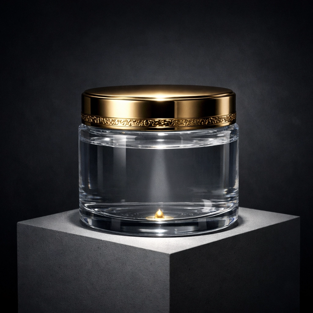 A luxury skincare jar filled mostly with water and one drop of active ingredients showing ingredient dilution.