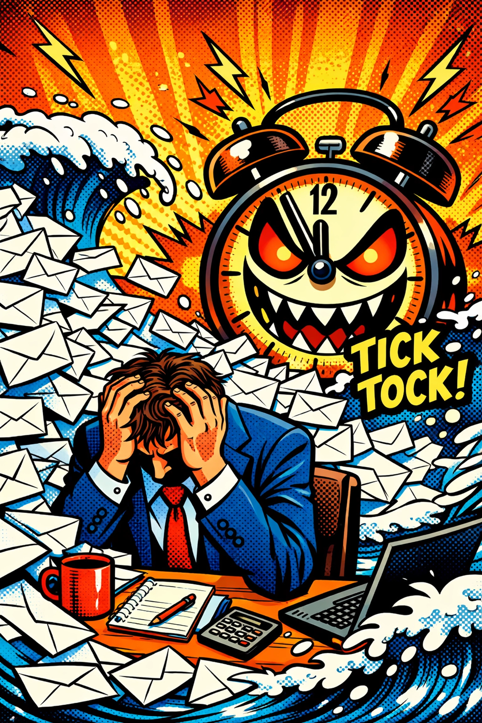Business owner overwhelmed by email inbox overload and a looming deadline clock.