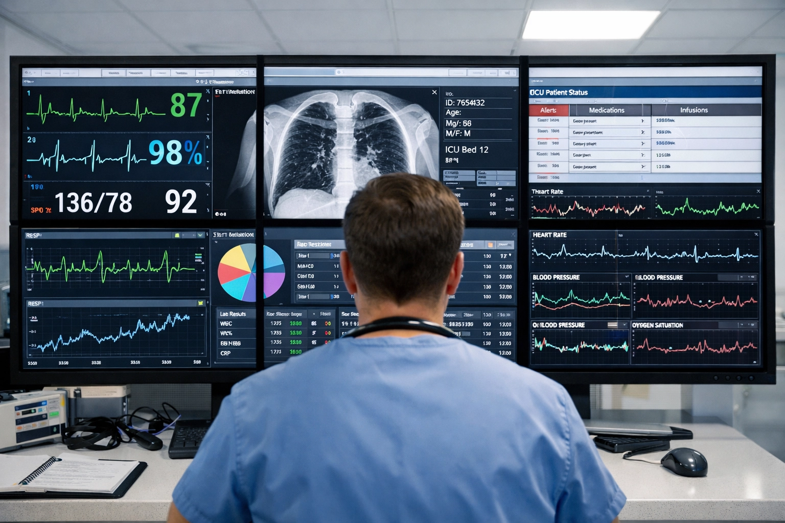 Fragmented data displays on multiple monitors illustrating the reality of disjointed health tech platform integration.