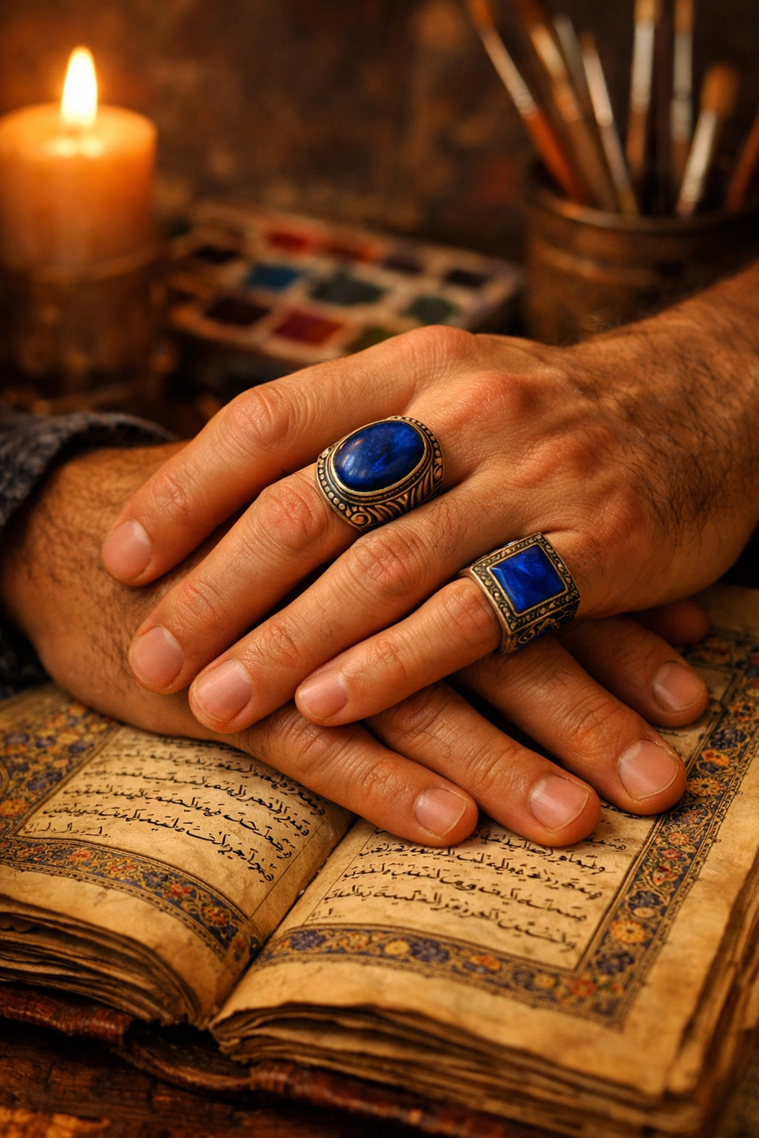 Two men's hands intertwined over an ancient manuscript, representing Afghan gay historical heritage.